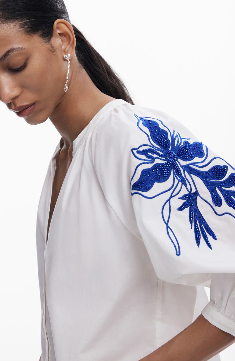 Desigual Beaded Puff Sleeve Crop Shirt, Alternate, color,