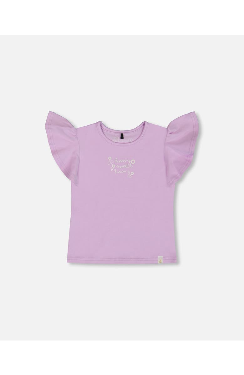 Deux par Deux Little Girl's Flutter Sleeve Top With Print Lilac, Main, color, Lilac