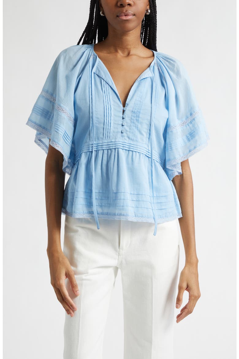 Sherry Pintuck & Lace Detail Cotton Top, Main, color, BAZAAR BLUE