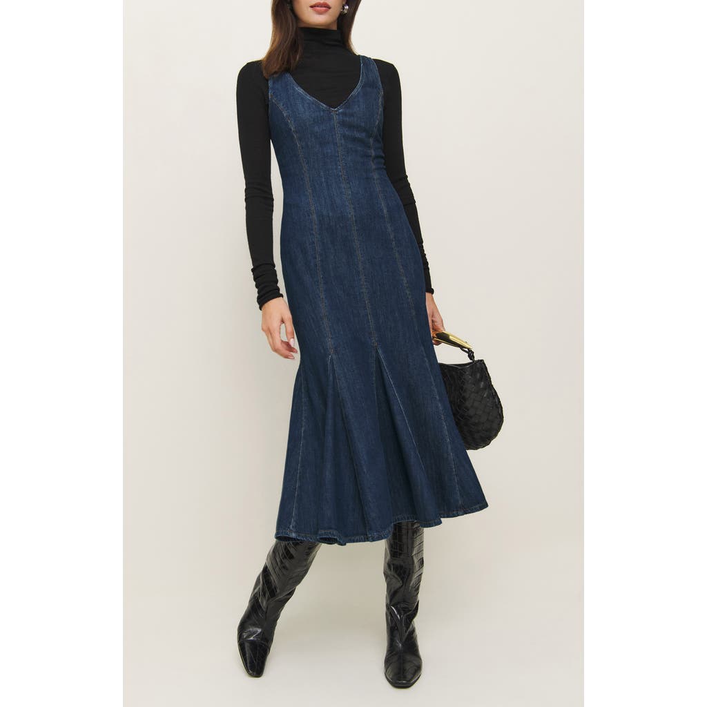 Reformation Serafina Denim Midi Dress In Ithica