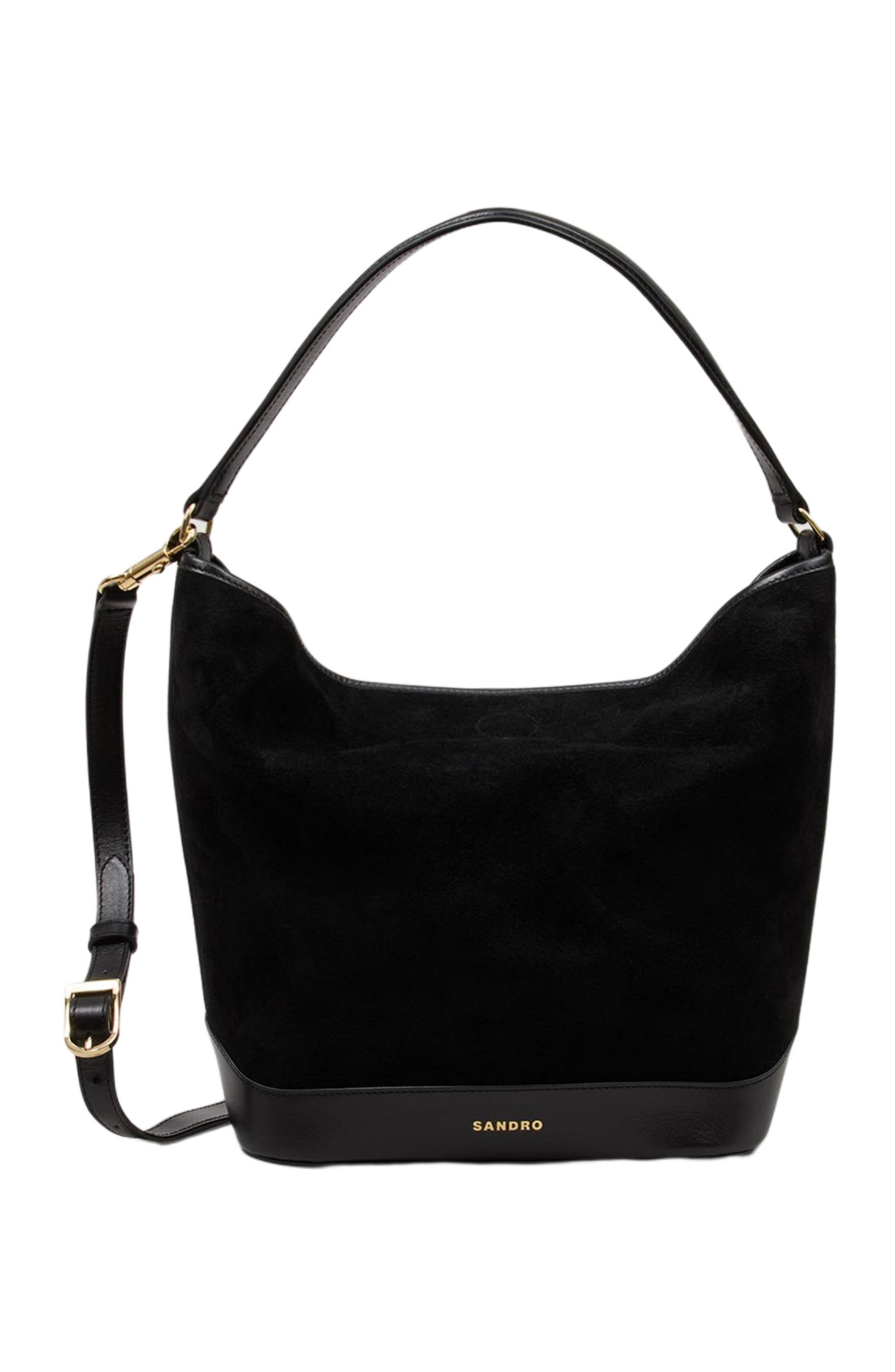 SANDRO Soft suede shopping bag, Main, color, Black