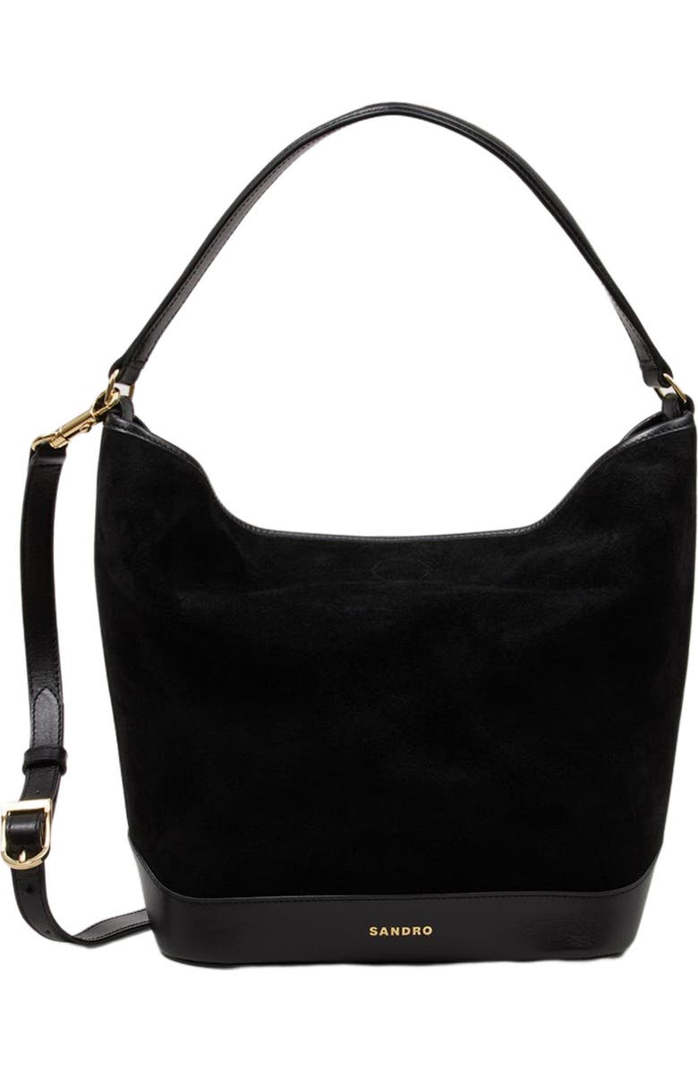 SANDRO Soft suede shopping bag, Main, color, Black