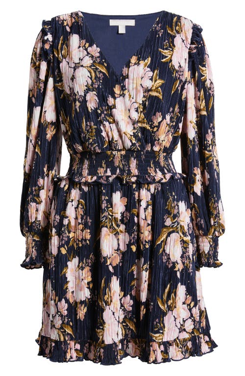 Chelsea28 Plissé Smocked Waist Long Sleeve Minidress In Navy- Purple Sydney Floral