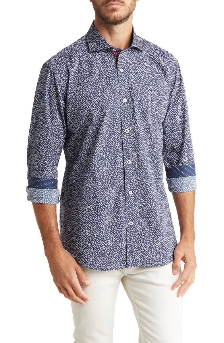 Bugatchi Shaped Fit Long Sleeve Heart Print Button-Up Shirt, Main, color, 