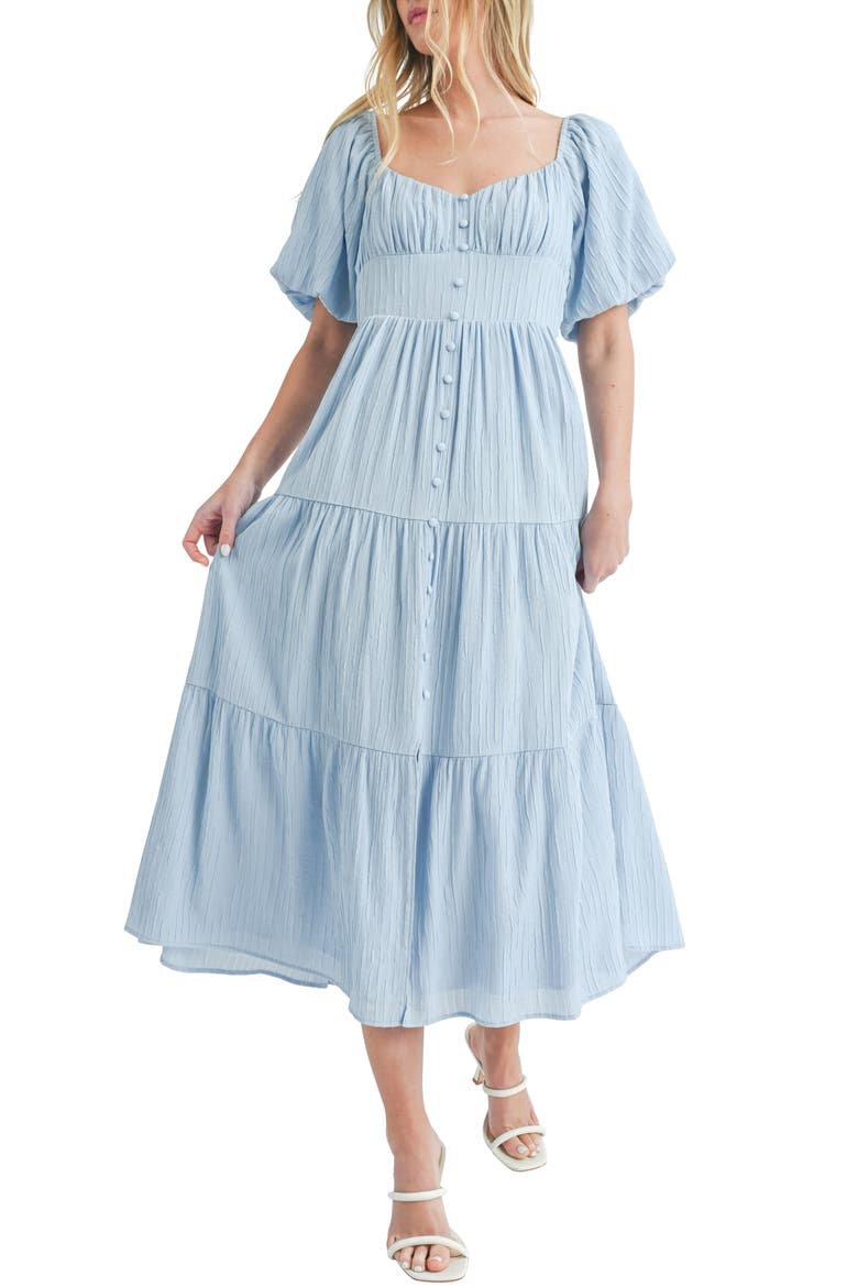 Puff Sleeve Tiered Midi Dress, Main, color, BLUE