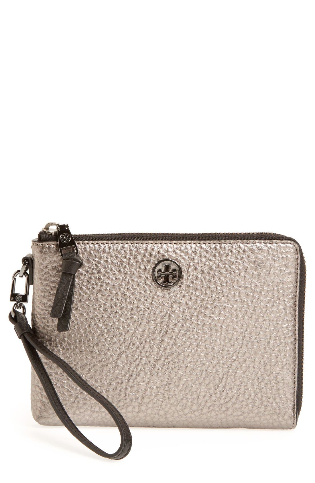 'Robinson' Pebbled Leather Wristlet, Main, color, GUNMETAL/ BLACK