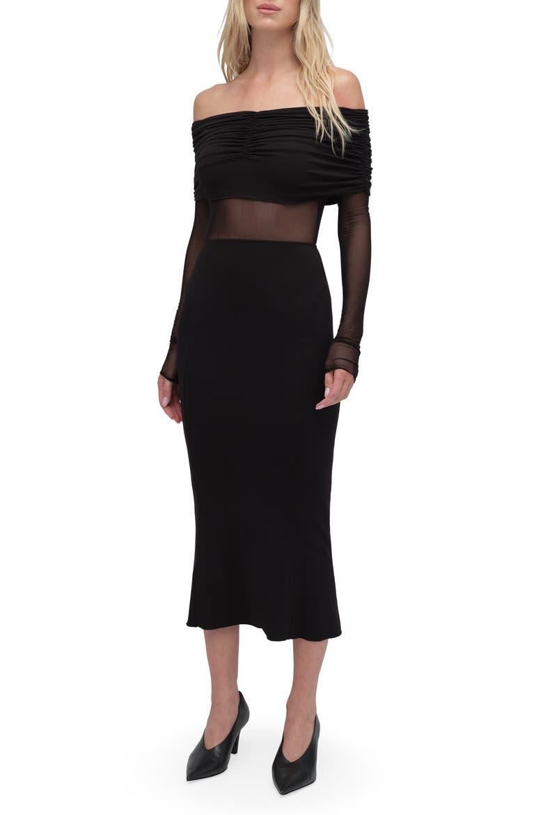 The New Era Ruched Off the Shoulder Long Sleeve Midi Dress, Main, color, BLACK