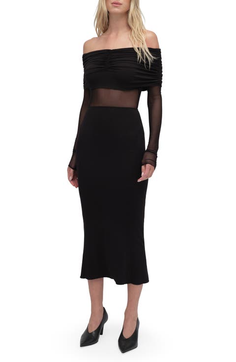 The New Era Ruched Off the Shoulder Long Sleeve Midi Dress