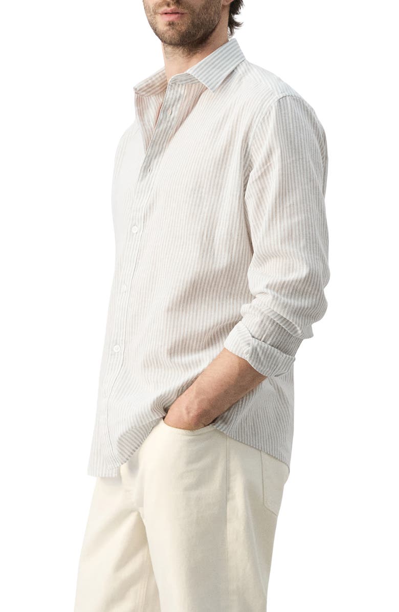 MANGO Regular Fit Stripe Cotton & Linen Button-Up Shirt, Alternate, color, Sand