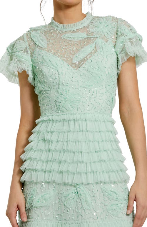 Mac Duggal Beaded Mesh High Neck Micro Ruffle Floral Gown In Sage