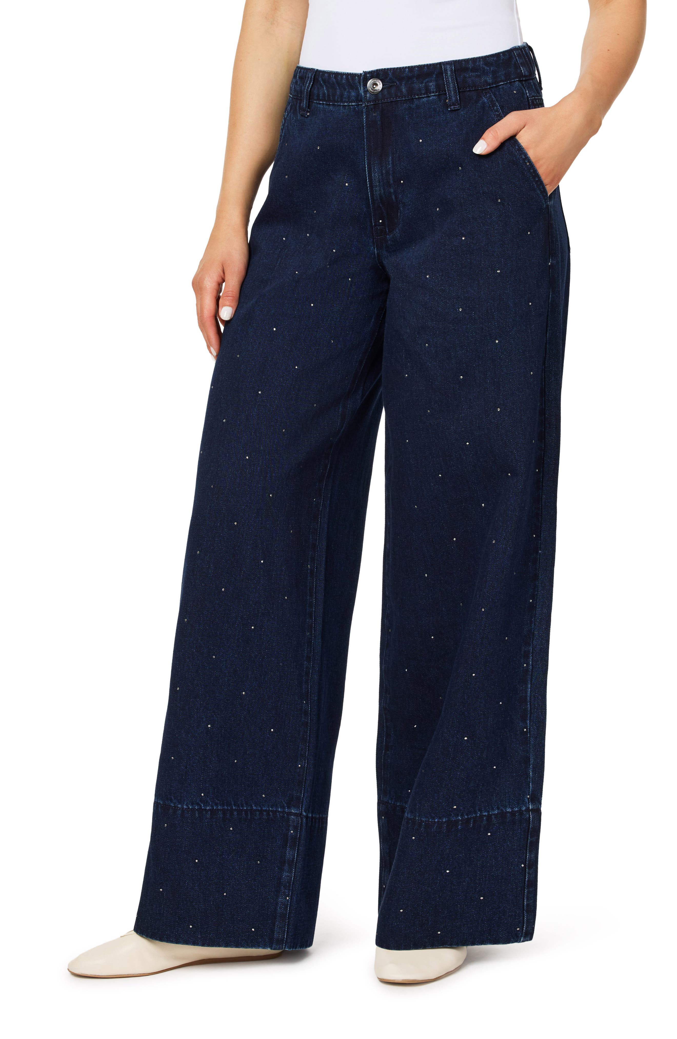 High Waist Rhinestone Wide Leg Trouser Jeans