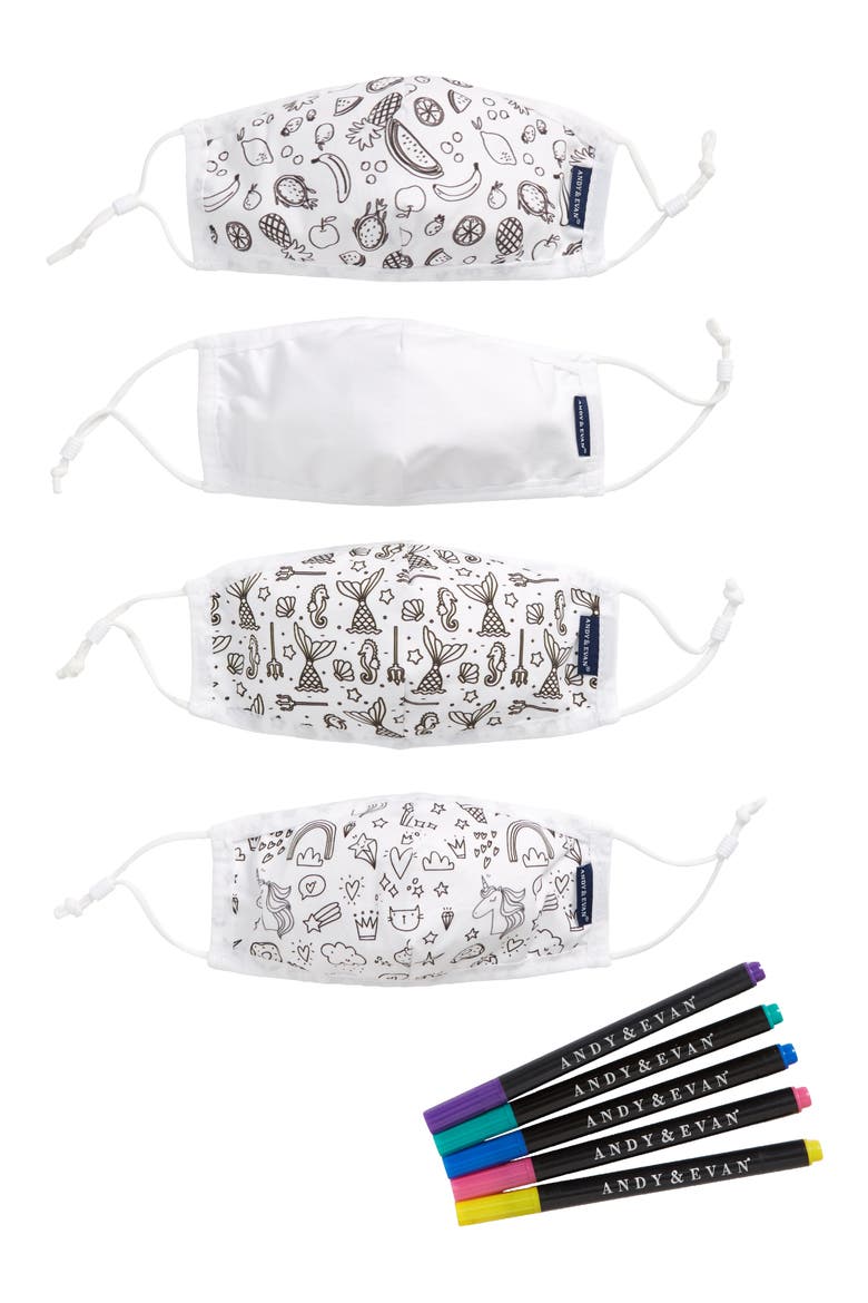 4-Pack Youth Coloring Face Masks & 5-Pack Fabric Markers Set, Alternate, color, UNICORN PACK