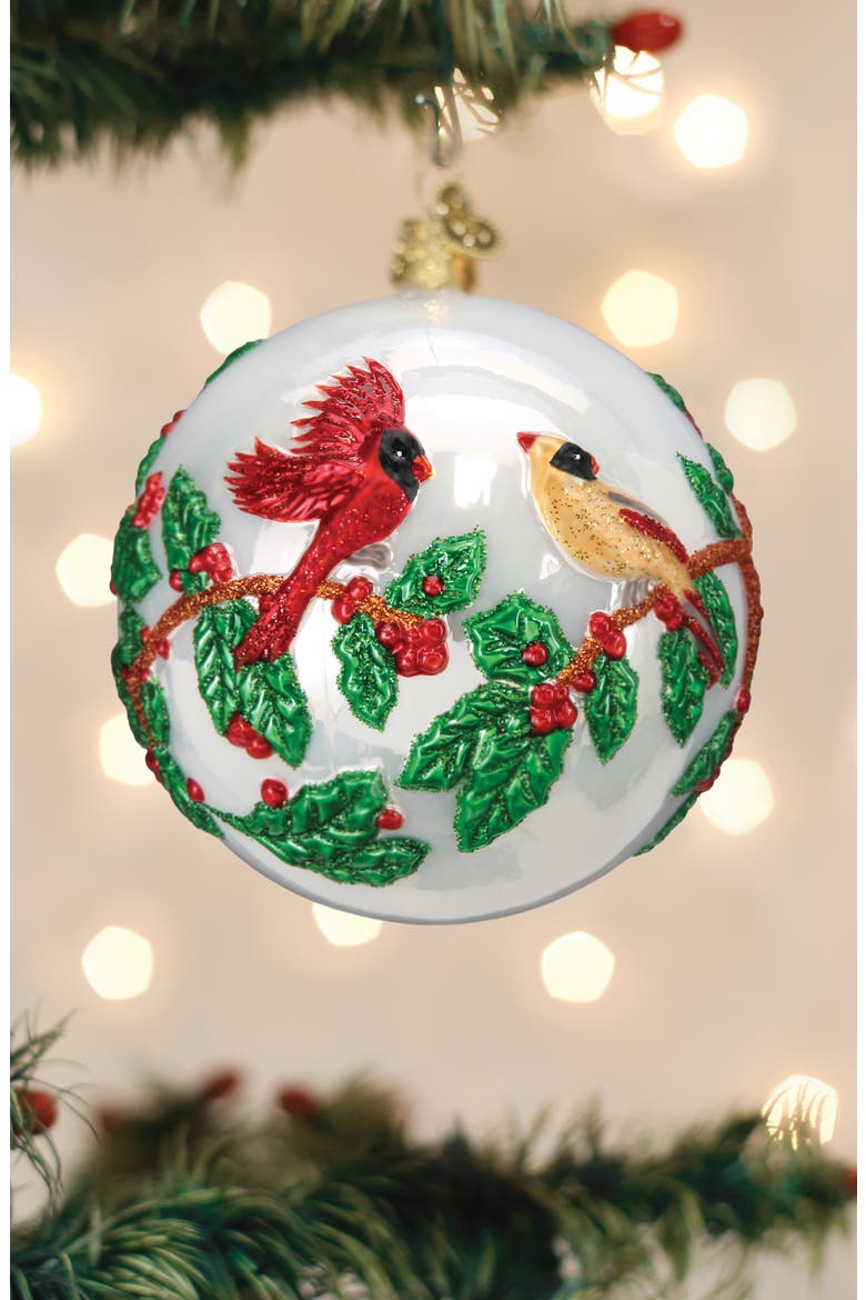Hollyberry Birds Round Glass Ornament, Alternate, color, WHITE