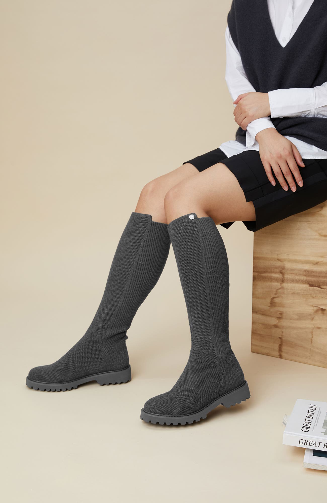 Round-Toe Stretchy Wool Knee-High Boots - image 4