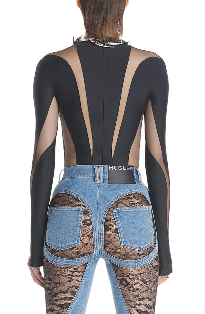 MUGLER Illusion Inset Long Sleeve Bodysuit, Alternate, color,