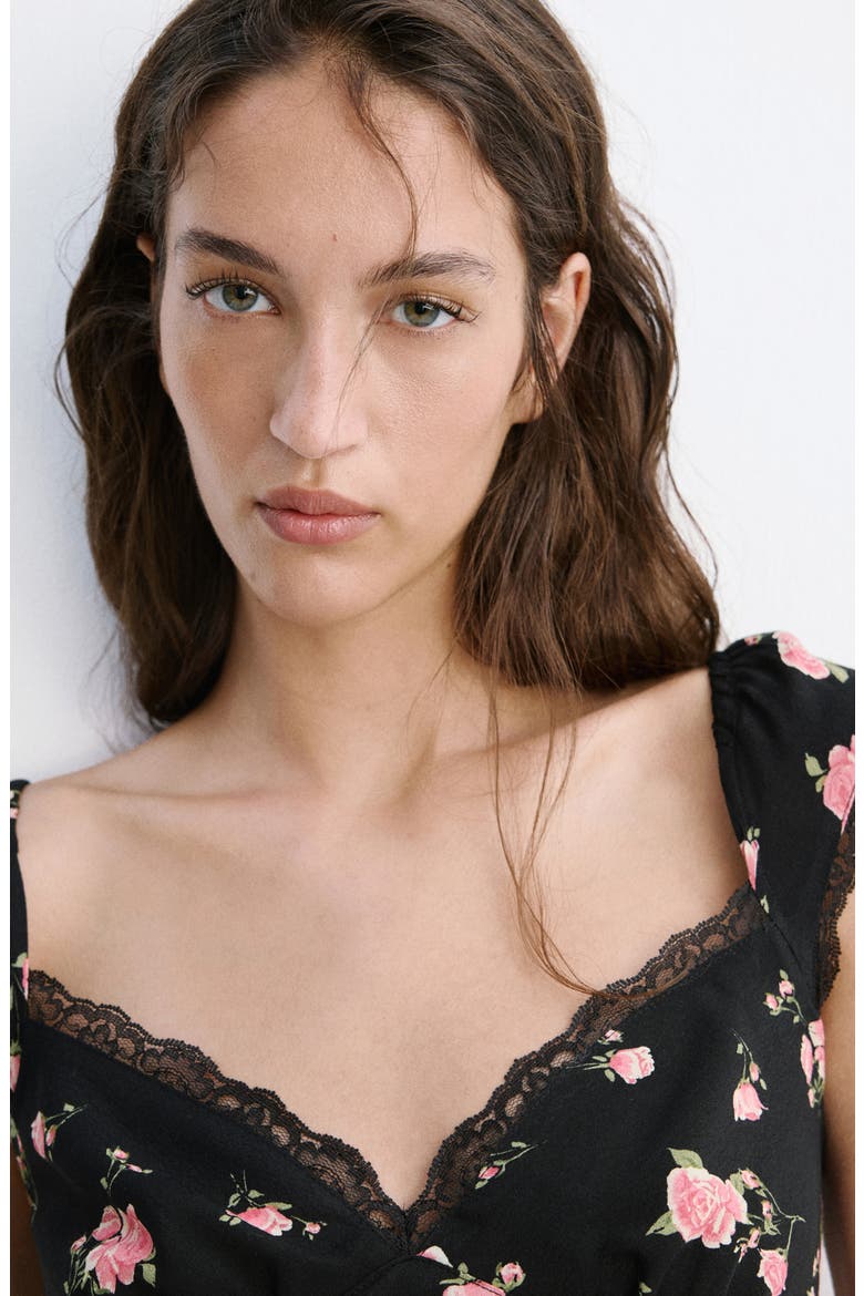 Floral Lace Trim Midi Dress, Alternate, color, BLACK