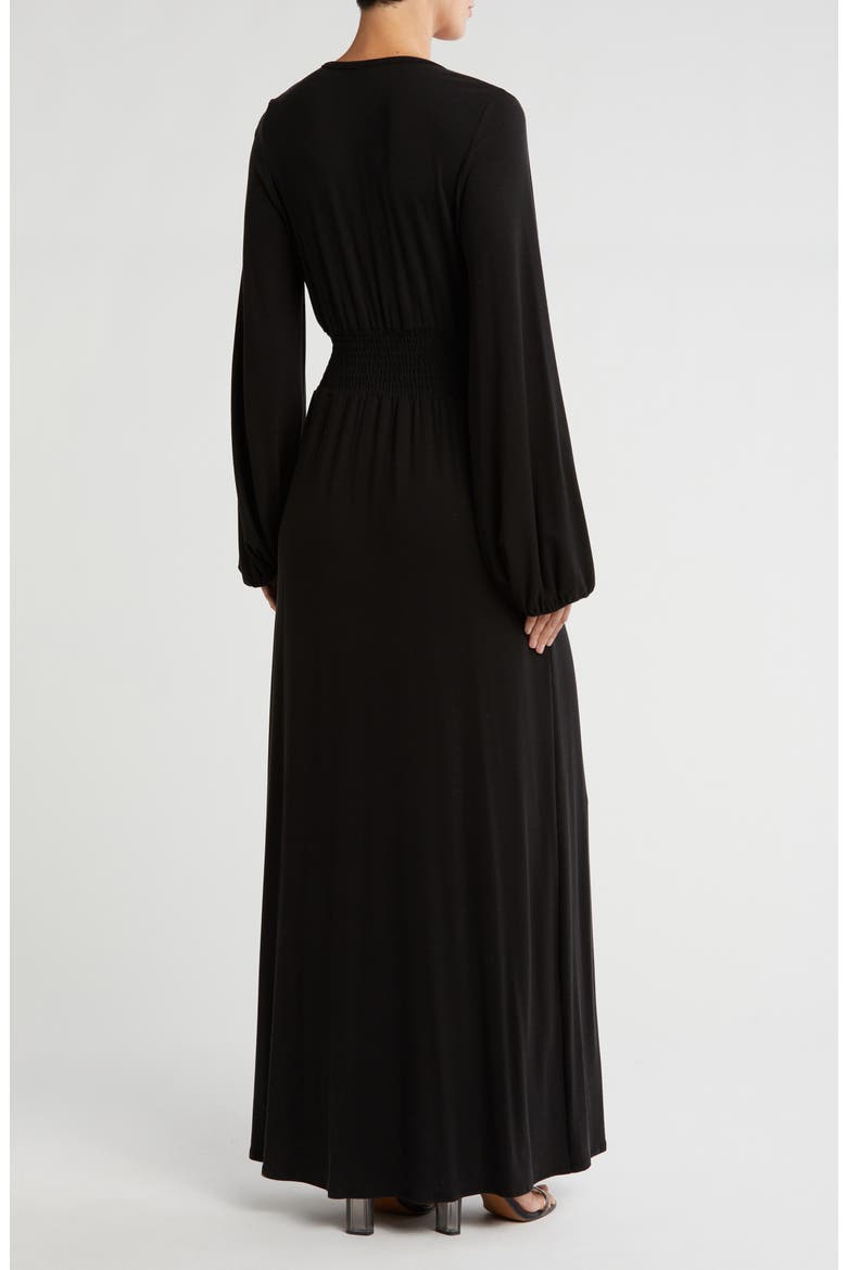 Plunge Neck Floral Long Sleeve Maxi Dress, Alternate, color, BLACK RIB