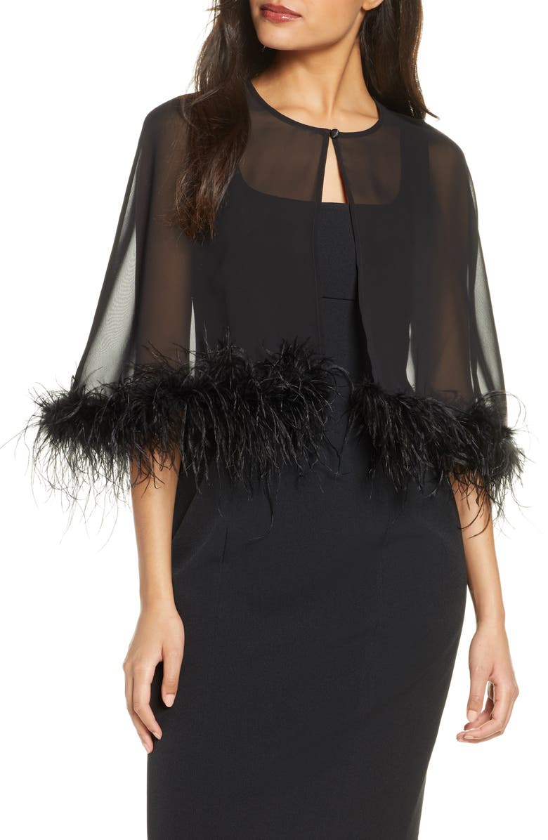 Eliza J Chiffon Capelet with Feather Trim, Main, color, 