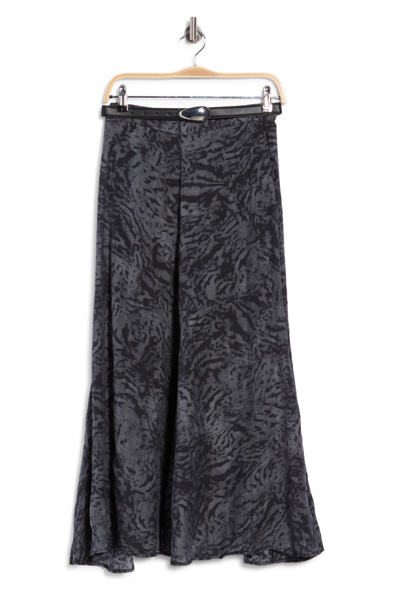 Printed Midi Skirt with Belt, Main, color, BLUE/ BLACK SPOTTED PRINT