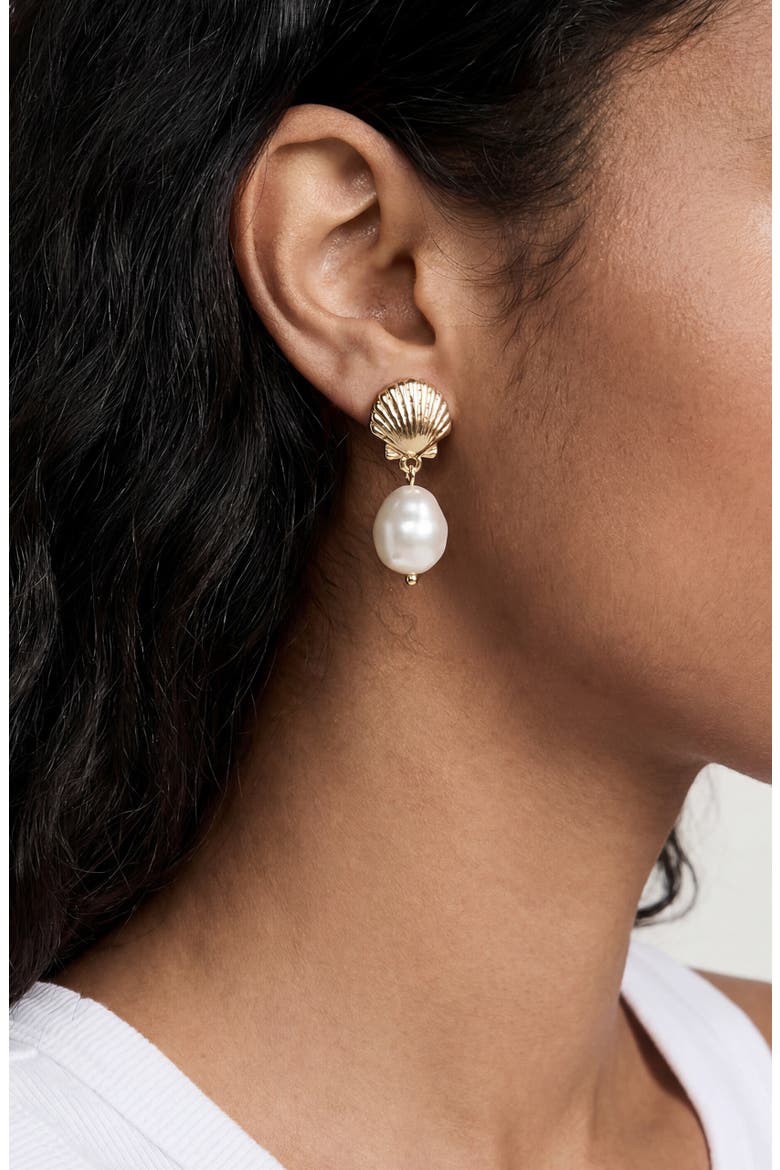 Shell Faux Pearl Drop Earrings, Alternate, color, GOLD