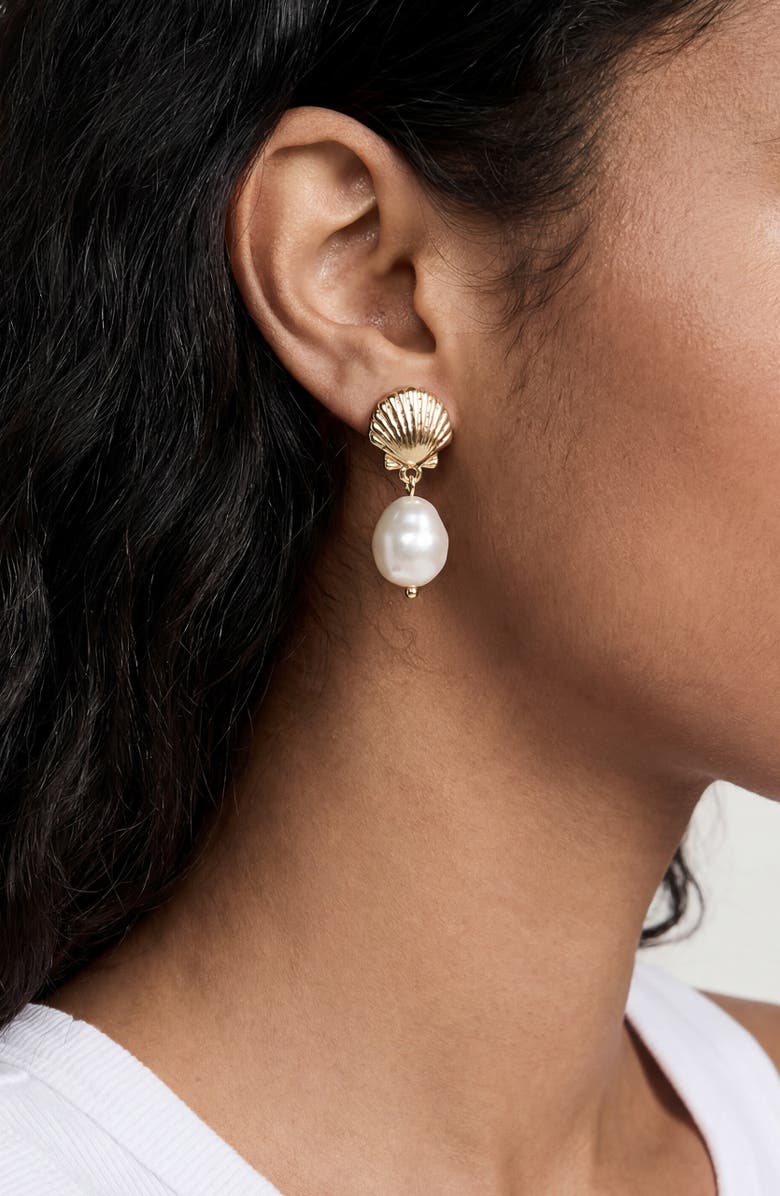 Ettika Shell Faux Pearl Drop Earrings, Alternate, color, Gold