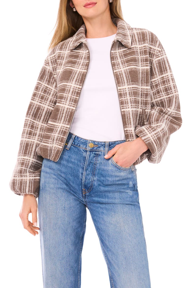 Plaid High Pile Fleece Bubble Jacket, Main, color, STONE KHAKI