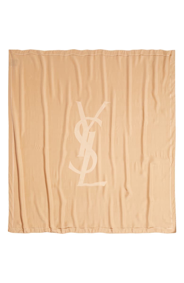 Saint Laurent Cassendre Logo Silk Square Scarf, Main, color, Beige