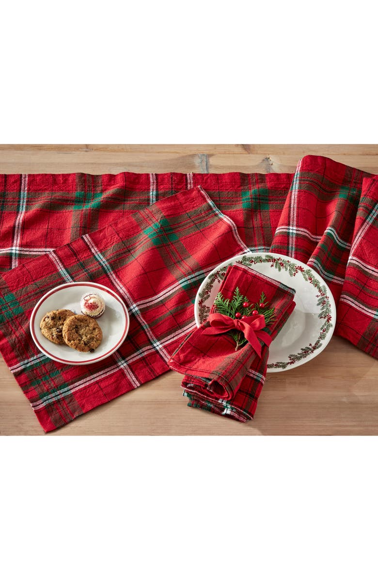 tag Sleigh Ride Holiday Tartan Plaid Red Green Table Runner, Main, color, Red