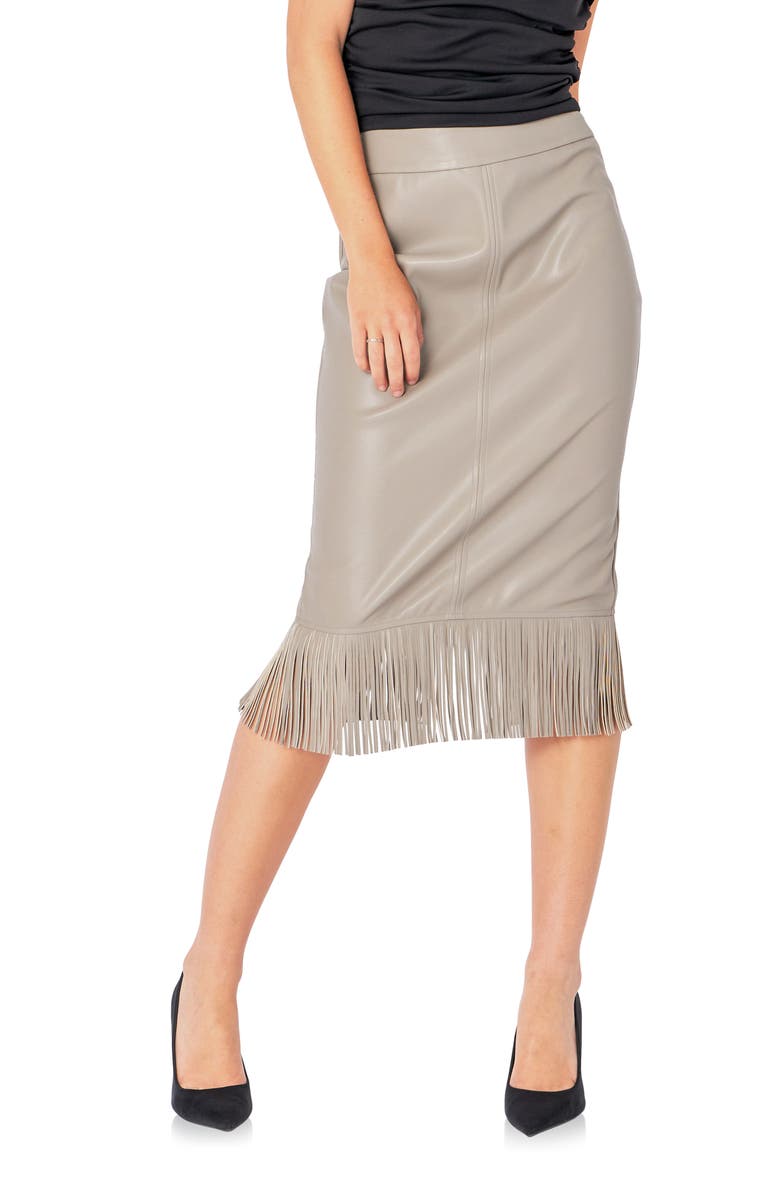 Endless Rose Fringe Faux Leather Midi Penci Skirt, Alternate, color, Taupe