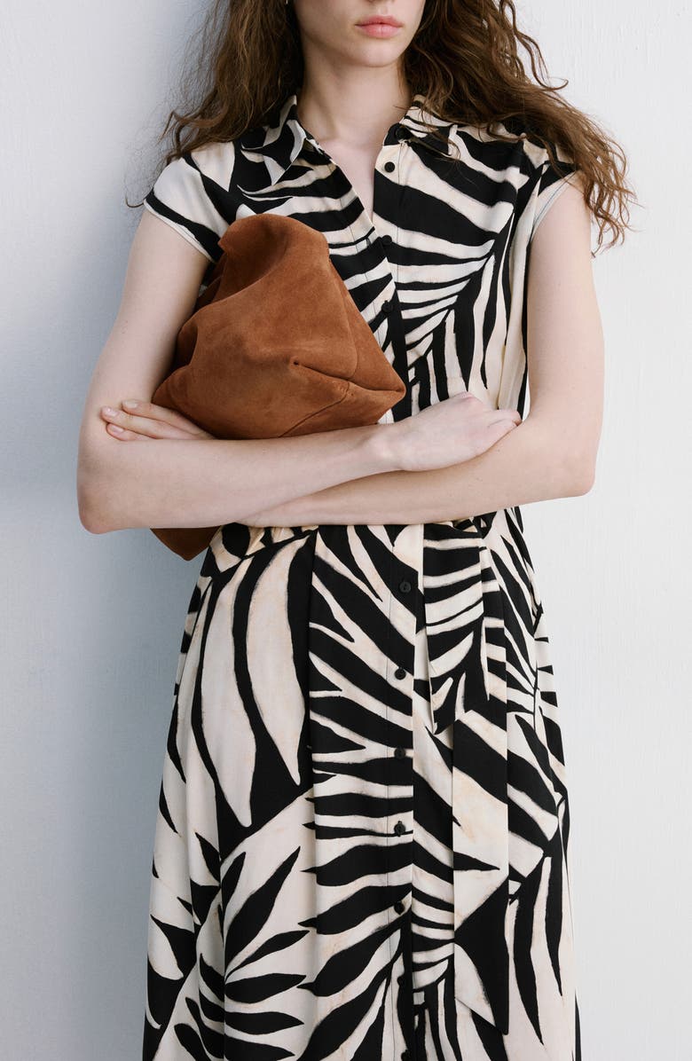 MANGO Leaf Print Midi Shirtdress, Alternate, color, Black