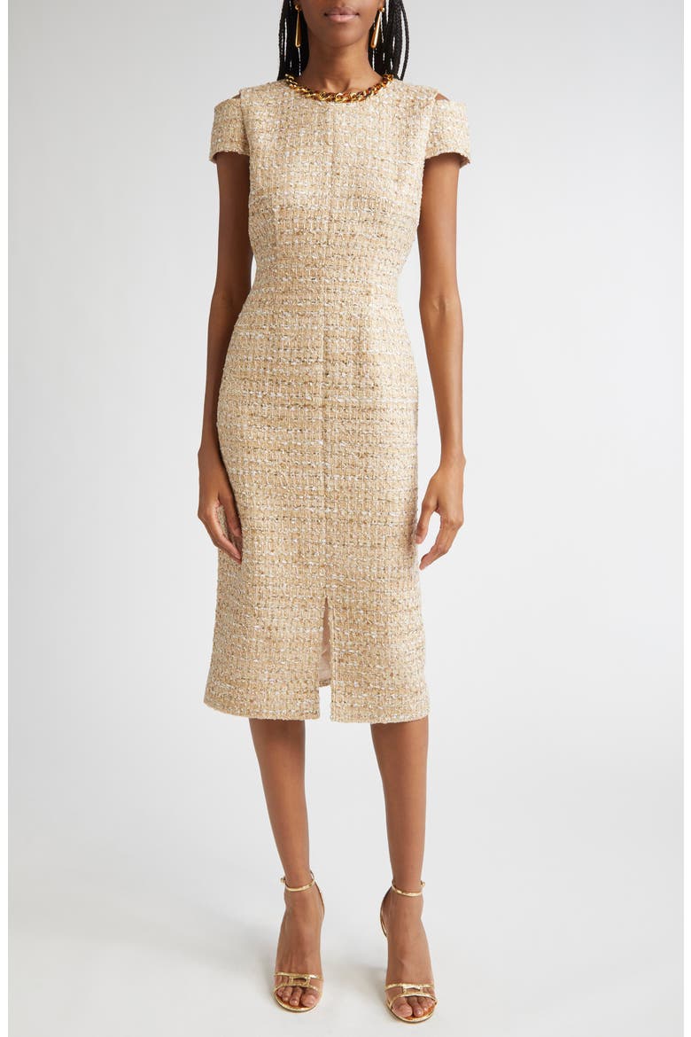 Phoebe Chain Embellished Tweed Sheath Dress, Main, color, FLAX WILLOW/ IVORY MULTI