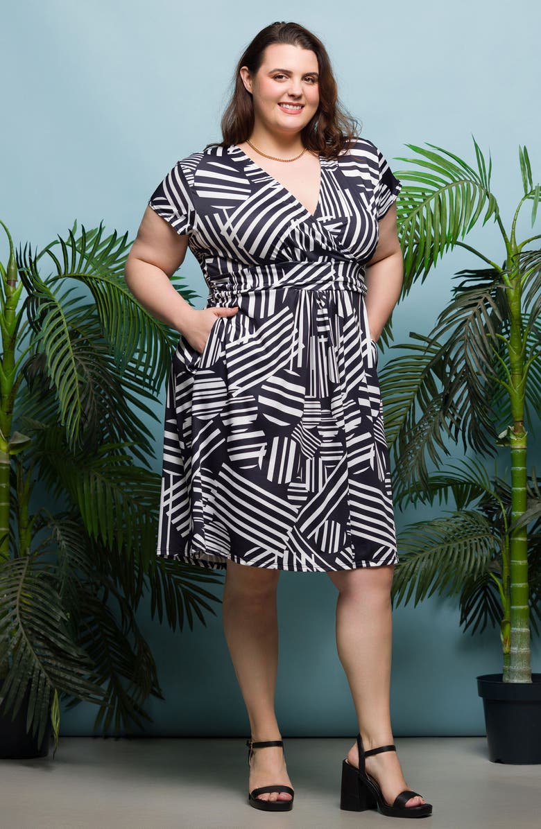 24seven Comfort Apparel Stripe Geo Print Dress, Alternate, color, Black Multi