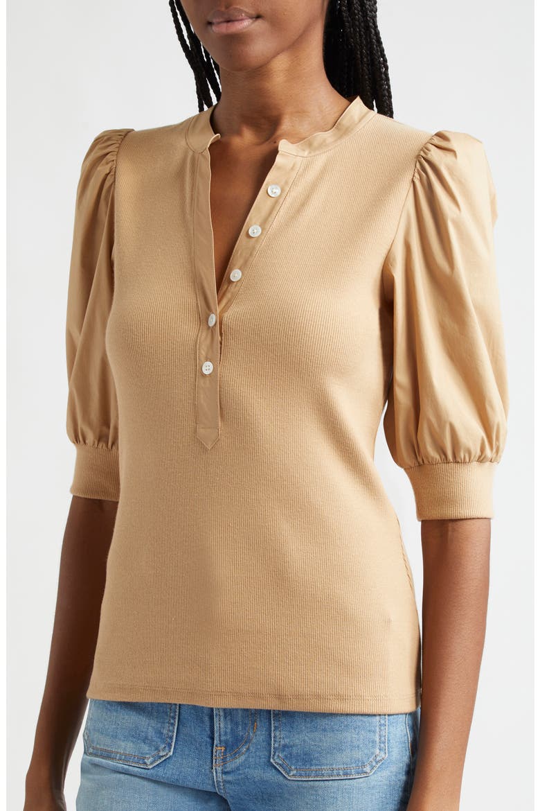 Coralee Puff Sleeve Stretch Cotton Henley Top, Alternate, color, KHAKI