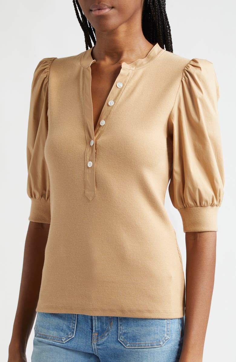 Veronica Beard Coralee Puff Sleeve Stretch Cotton Henley Top, Alternate, color, 