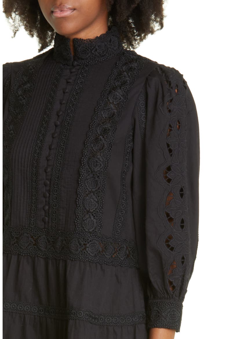 Clark Lace & Pintuck Detail Cotton Dress, Alternate, color, BLACK
