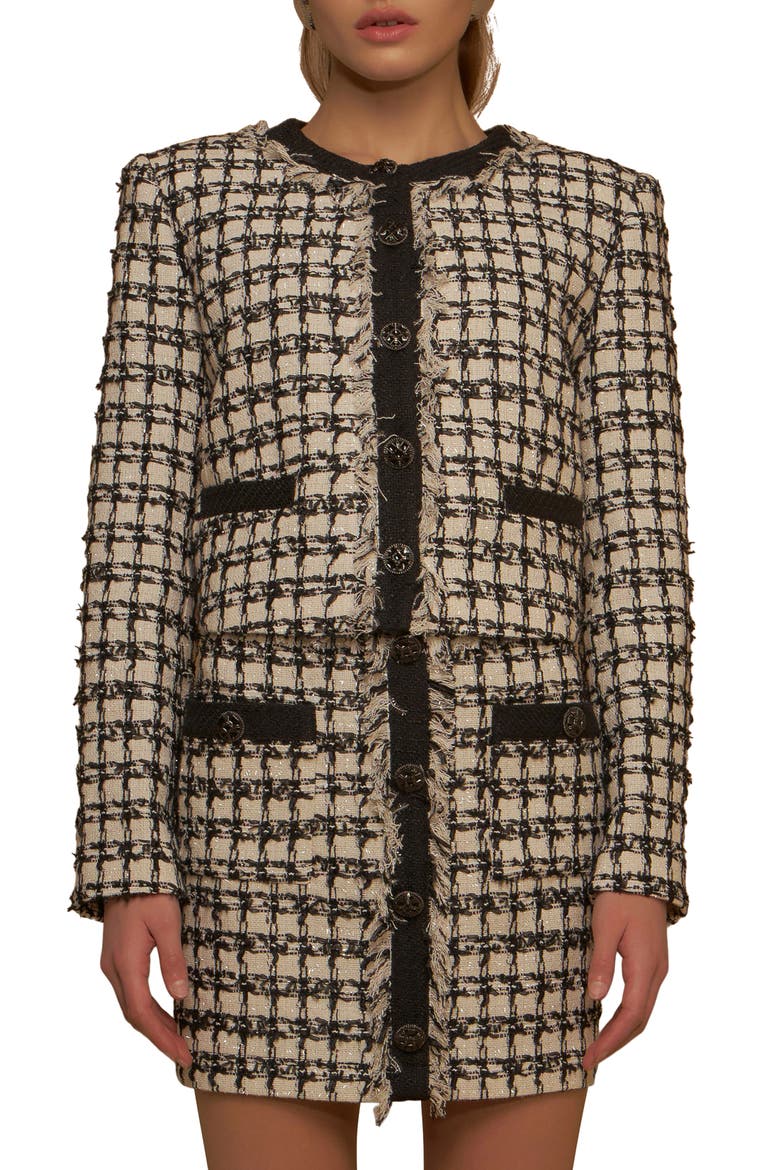 Premium Fringe Metallic Tweed Crop Jacket, Main, color, BLACK/ WHITE