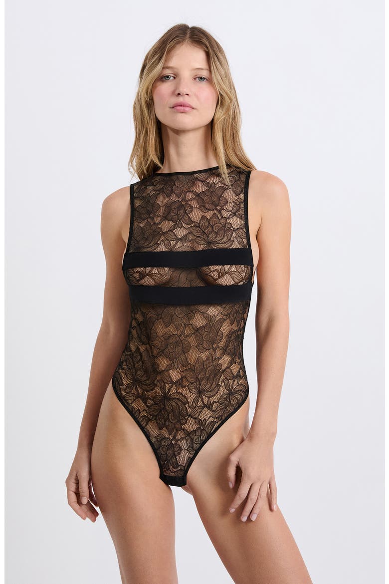Luxuriante Low Back Lace Bodysuit, Alternate, color, BLACK