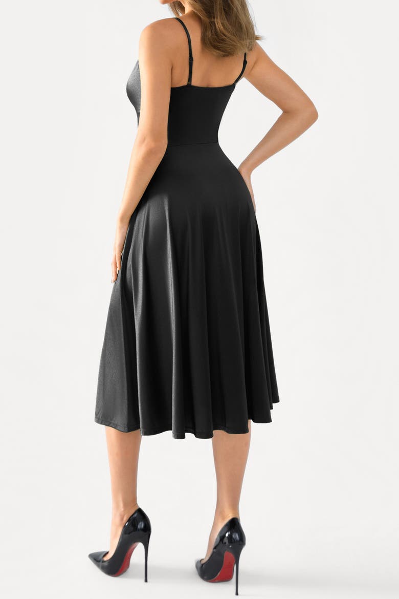 Shapewear Strappy Cowl Neck Vacation & Date Night Fit & Flare Midi Dress, Alternate, color, Midnight Black