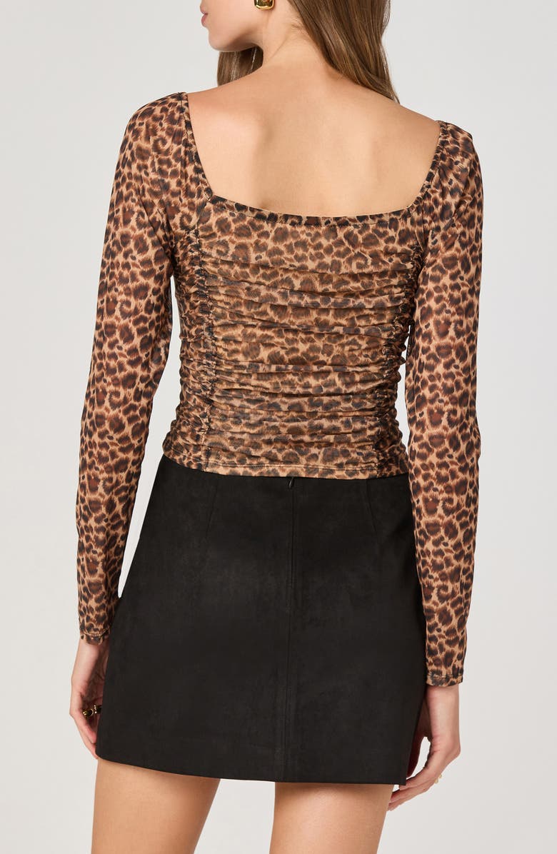 ASTR the Label Lace Trim Long Sleeve Ruched Mesh Top, Alternate, color, Leopard Print