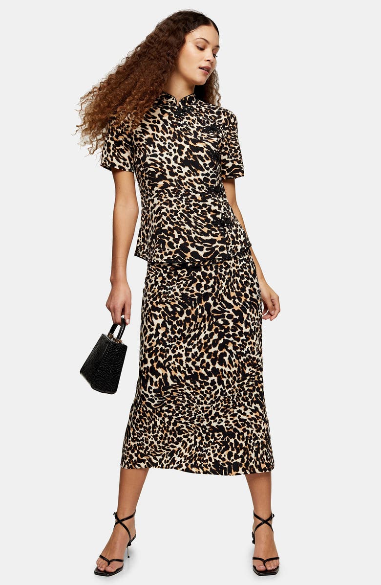 Topshop Leopard Print Bias Satin Midi Skirt, Alternate, color,