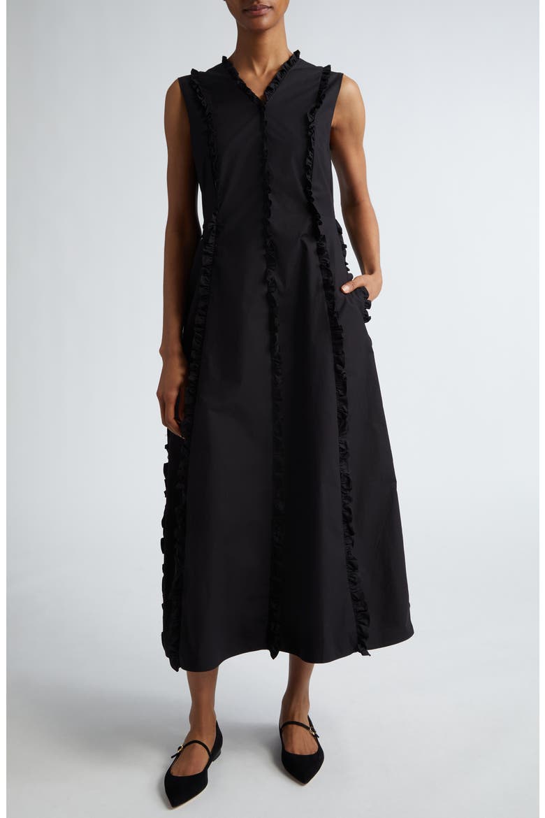 Milena Sleeveless Ruffle Midi Dress, Main, color, BLACK