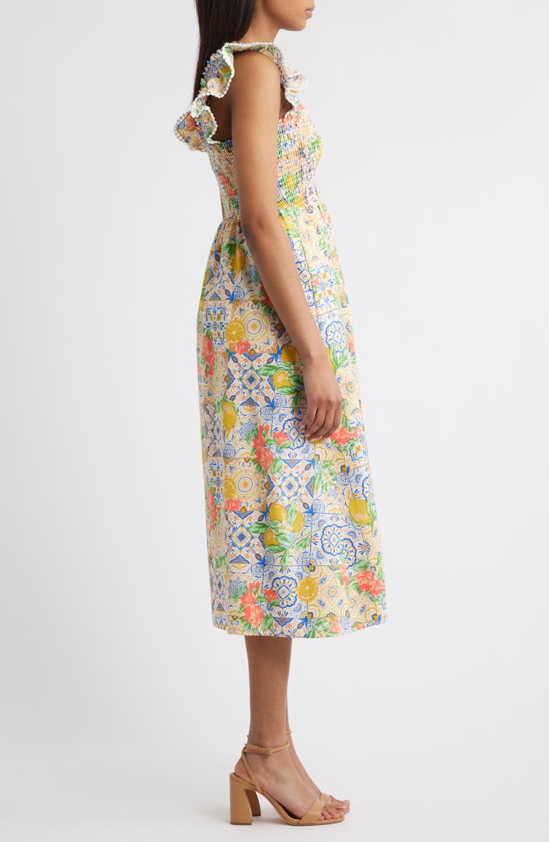 Anne Klein Ruffle Smocked Bodice Midi Sundress, Alternate, color, Pearl White Multi