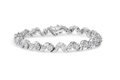 14K White Gold 2.00 Cttw Diamond Cluster and Spiral Link Bracelet