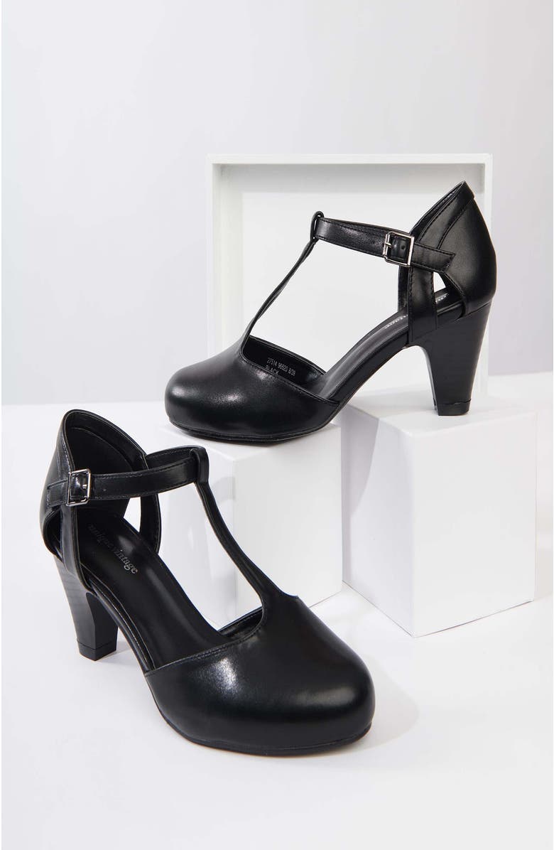 Unique Vintage 1920s Leatherette T-Strap Roxy Pumps, Main, color, Black