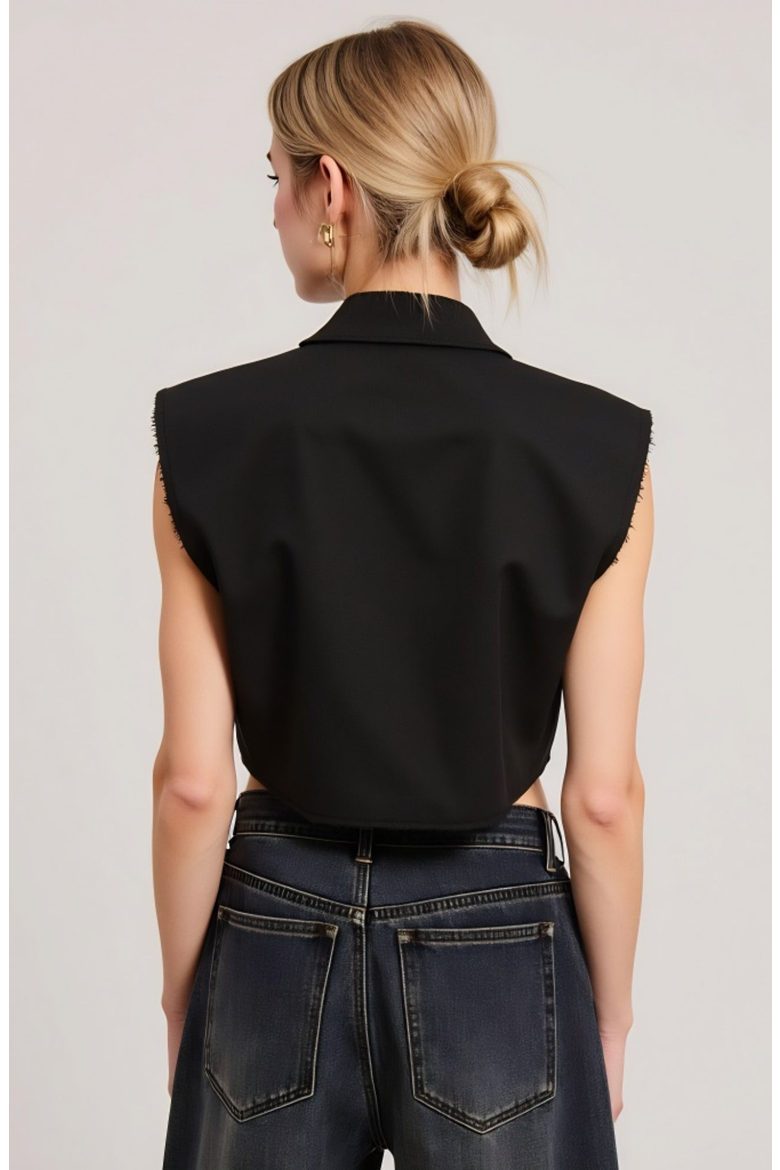Sleeveless Cropped Raw-Edge Notched-Collar Blazer Vest, Alternate, color, Black