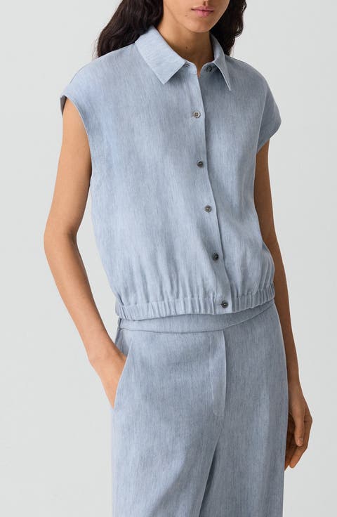 Dolman Sleeve Crop Linen Blend Chambray Button-Up Shirt