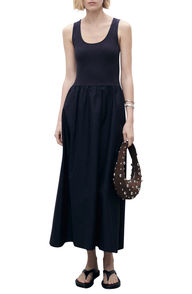 MANGO Valvi Mixed Media Maxi Dress, Main, color, Navy