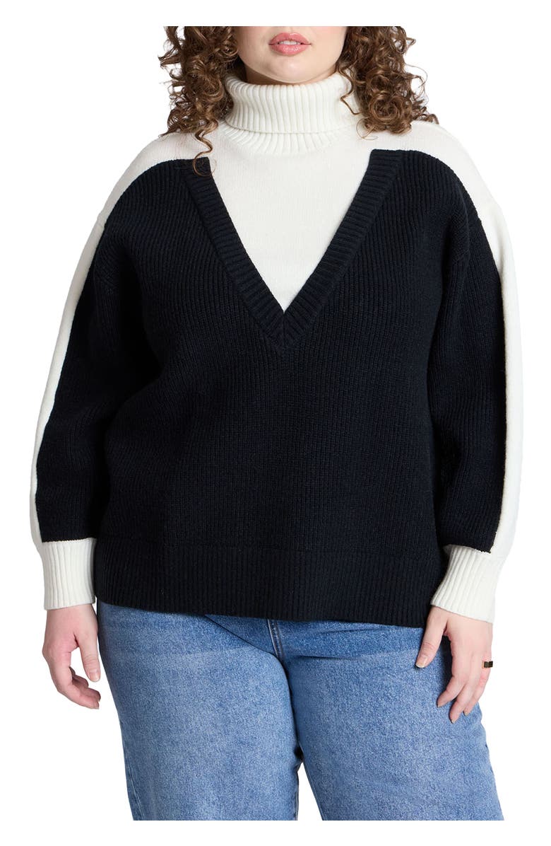 ELOQUII Mixed Knit Turtleneck, Main, color, Black White