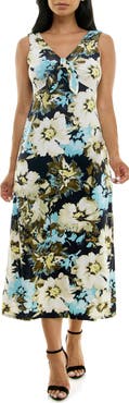 Nina Leonard Tie Front Sleeveless Midi Dress