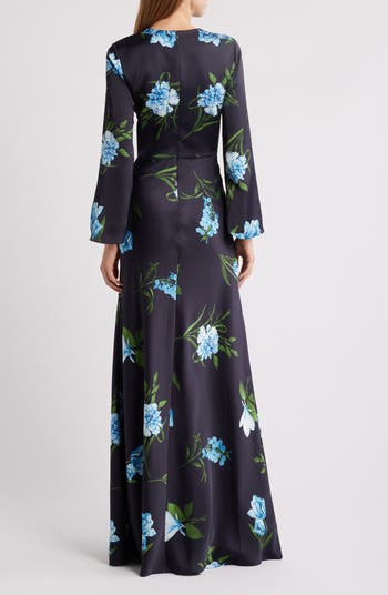 Alex Sequin Floral Long Sleeve Satin Crepe Gown